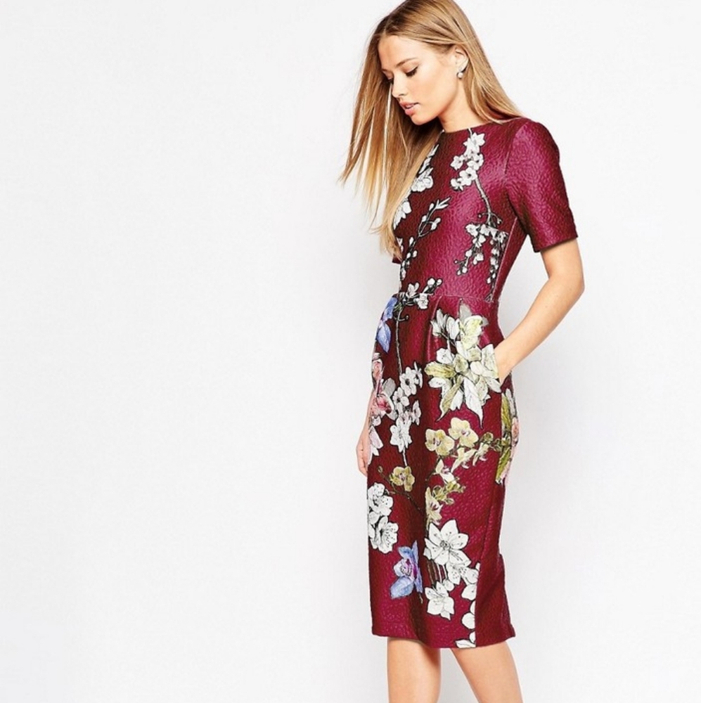 Asos Burgundy Quilted Floral Wiggle Dress  8